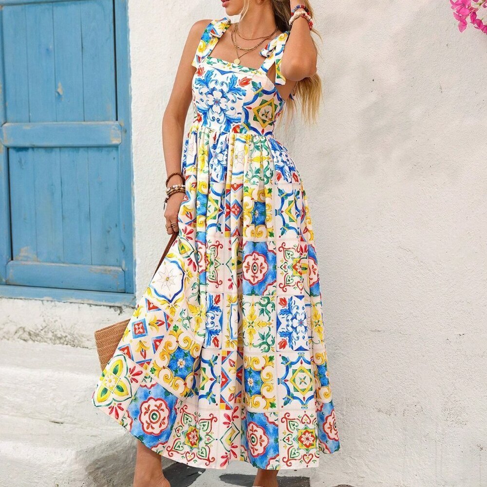 Multicolor Boho Women's Woven Printed Sleeveless Ankle Dress - Picture 5 of 7